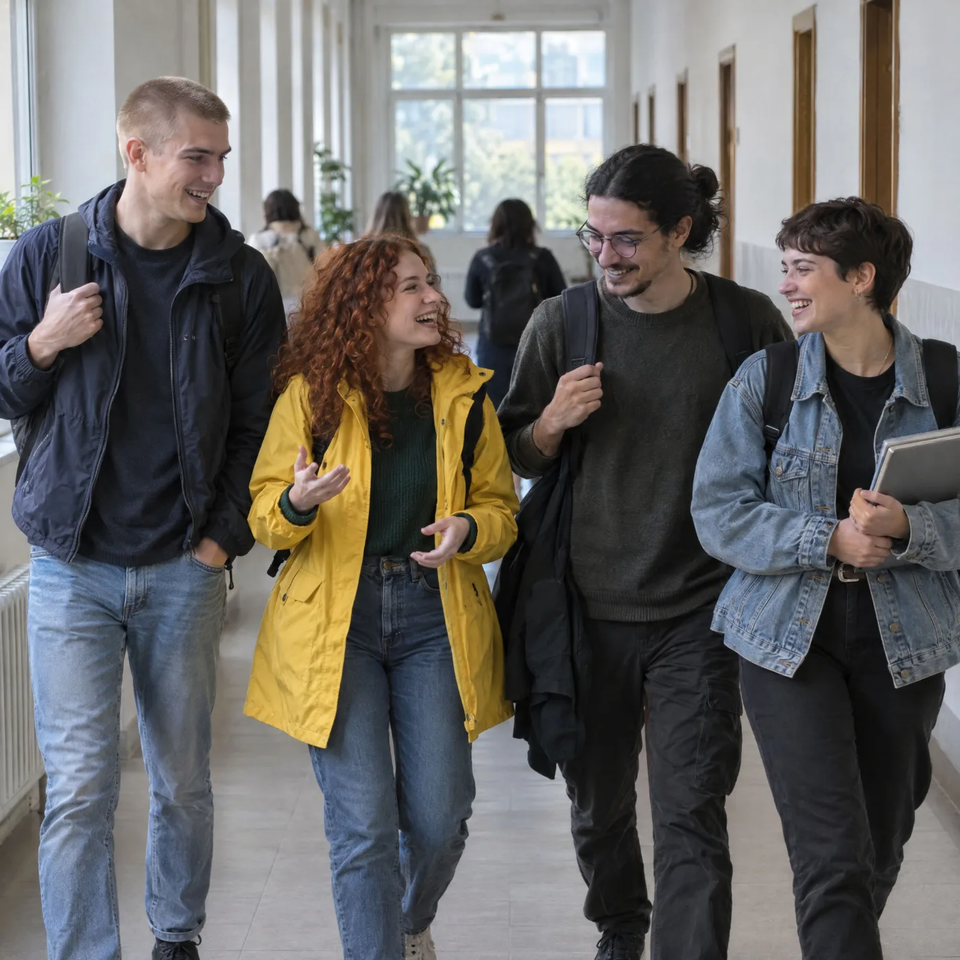 Grup de studenți care merg pe holul universității între cursuri